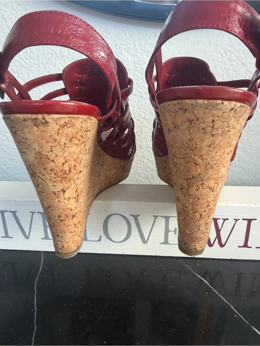 Enzo Angiolini "Vanida" Red Leather Woven Strappy Cork Wedge Sandals - Picture 7 of 9